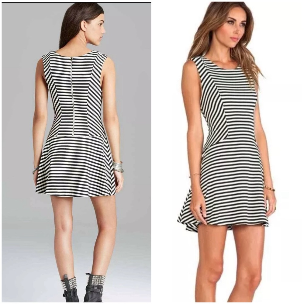 Free People Sz XS ChaCha Mini Dress Black White Stripe Sleeveless Fit Flare